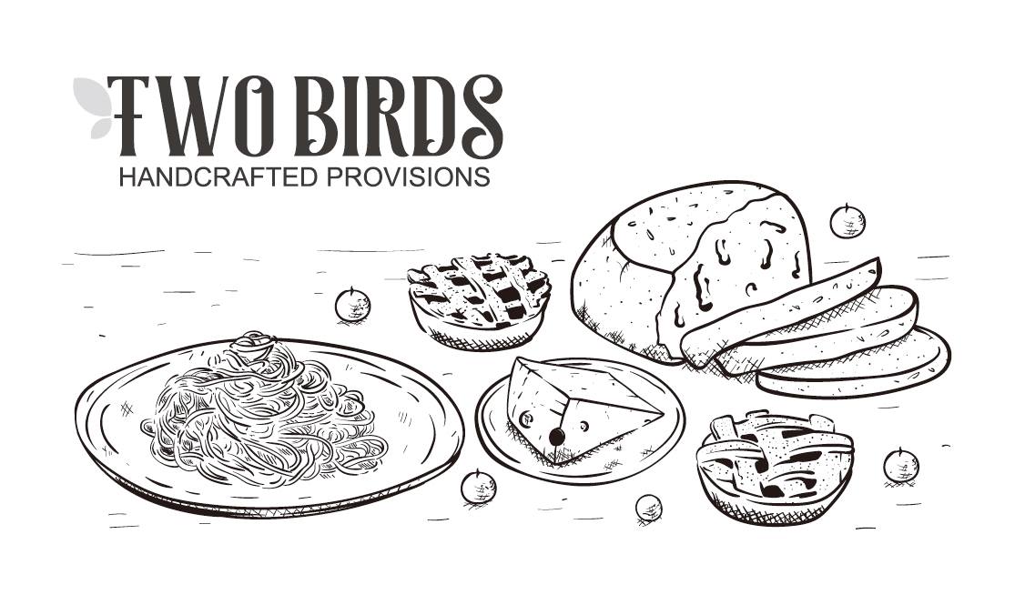 Two Birds logo with food
