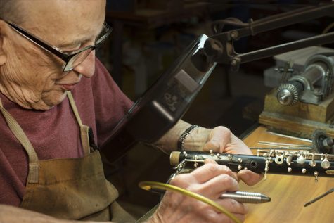 Paul Laubin, oboe & English horn maker/manufacture at his shop bench in Peekskill,New York