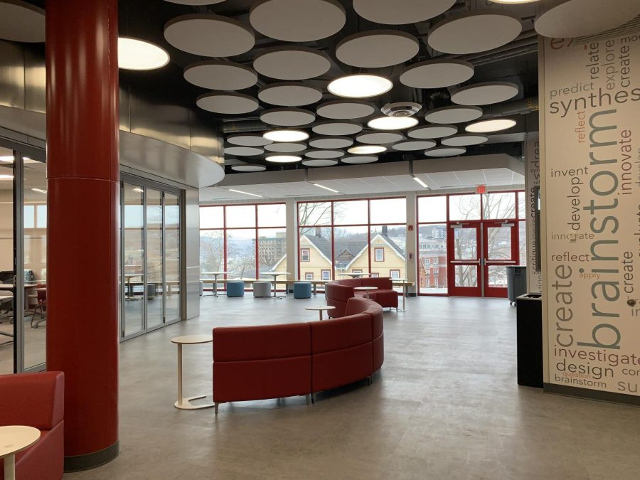 The state-of-the-art technology center at Peekskill High School has a birds eye view of downtown from its main lounge. 