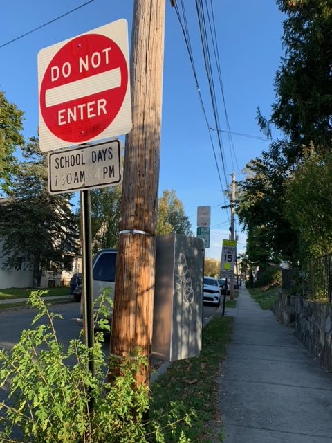 Looking from Hudson; down Ringgold toward Peekskill Middle School 10/21/21.  Note poor condition of signage; inconsistent times for school days between the three signs.  All images and captions provided by coalition members.