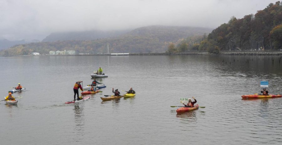 Kayakers and paddleboarders join Tuesday’s press conference from Peekskill Bay.  Photo by Joseph Squillante 