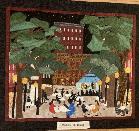 Jackson says that this quilt “was so much fun to make!... I allowed my imagination free reign, as this was about people relaxing, drinking wine, and listening to jazz.”