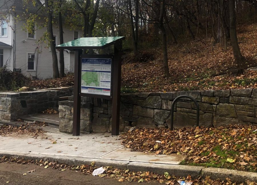 The Decatur Avenue entrance to the park with newly installed signage and steps. 