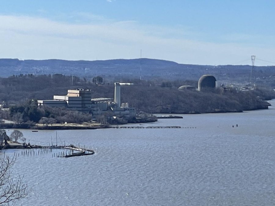 The garbage incinerator in Peekskills Charles Point and beyond it the nuclear power plant at Indian Point in Buchanan. 