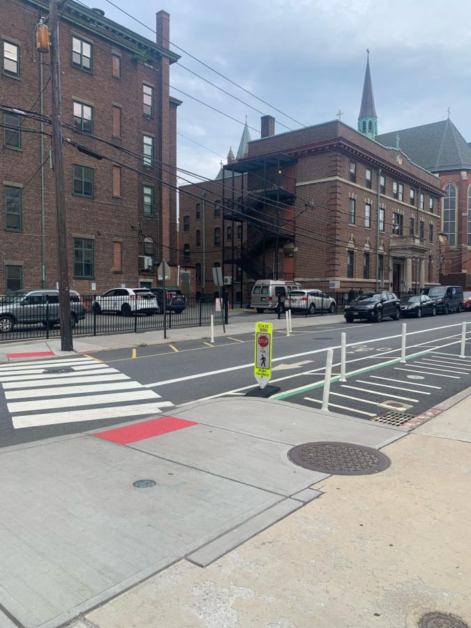 Example of a stamped crosswalk in Hoboken, NJ. Hoboken is a vision zero city with a goal to eliminate all traffic-related injuries and deaths by 2030. (Photo by Greg Gutkes.)  