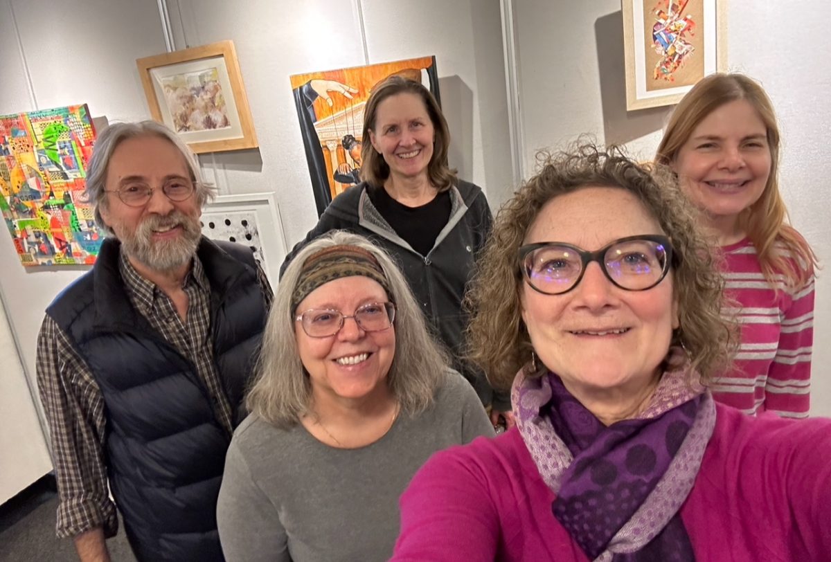 PAA volunteers recently hung the ‘Creativity in 2023’ exhibit at the Field Library. From clockwise top right Bonnie Peritz, Beth Dewit, Karen Allen, John Mucciolo, Linda Winters