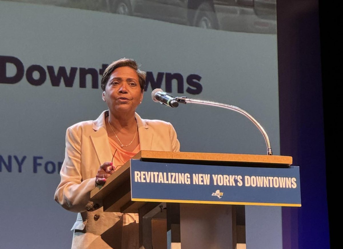 Mayor Vivian McKenzie speaking at a panel on downtown development at the Paramount in August. Photo by Jeff Merchan.