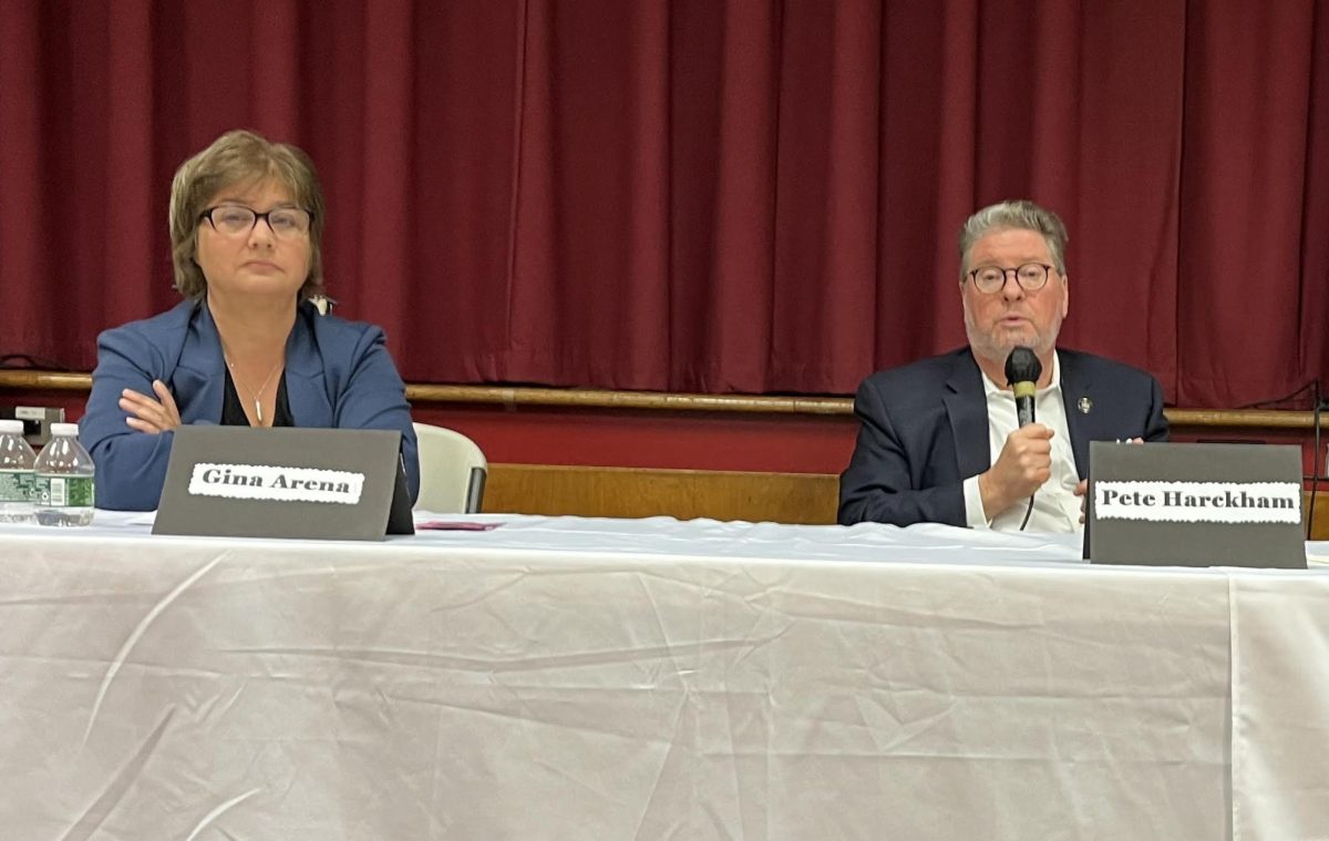 Gina Arena and Pete Harckham at Saturday's candidate forum hosted by the Westchester Black Women's Political Caucus.