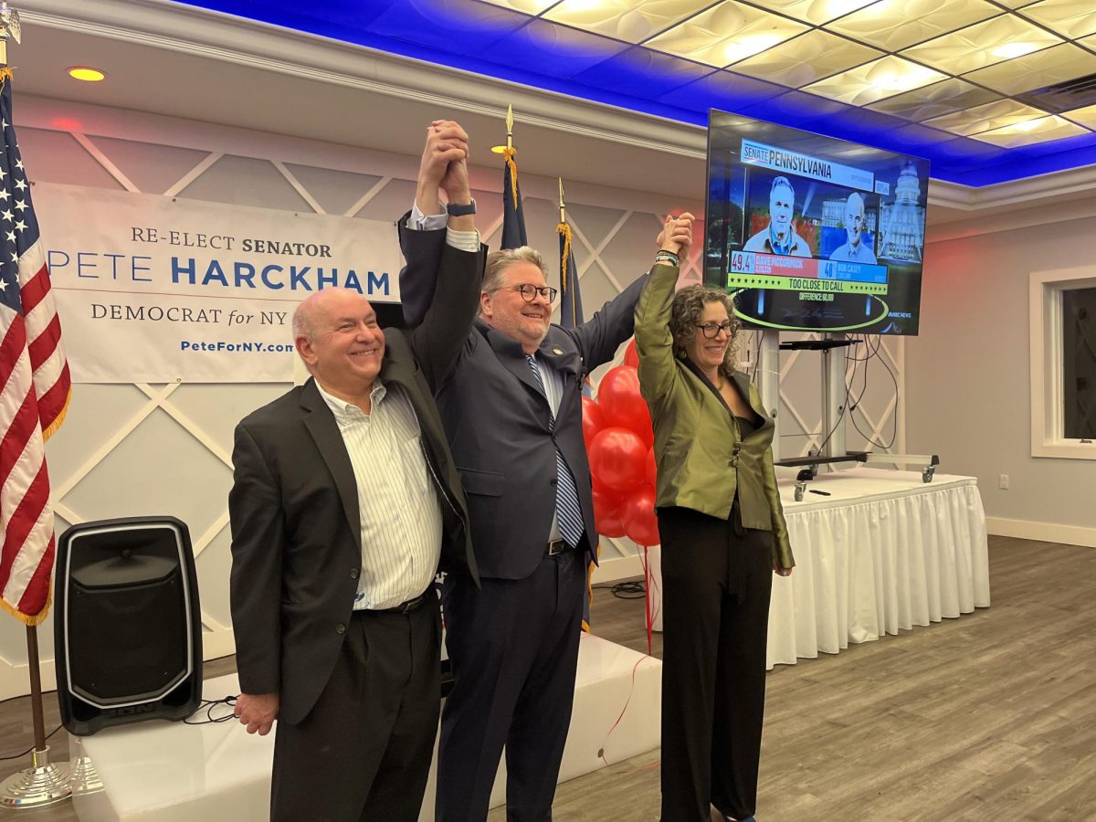 Democrats celebrate their re-elections at Travelers Rest in Ossining on Tuesday, Nov. 5. From left to right; Assemblyman Chris Burdick, State Sen. Peter Harckham, and Assemblywoman Dana Levenberg. Burdick represents the 93rd Assembly District. 