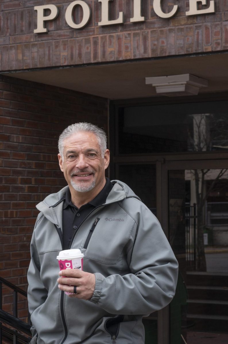 Police Chaplain Robert Lindenberg in front of police headquarters. 