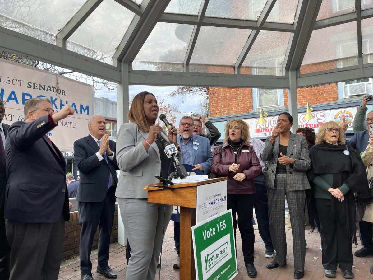 New York State Attorney General Letitia James speaks to a crowd at Peekskill's gazebo Monday afternoon. 