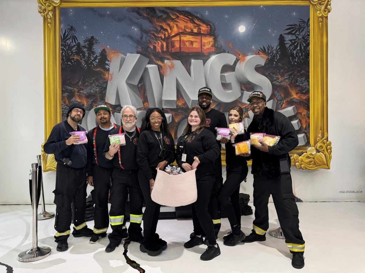 Kings House of Fire employees after their recent drive to collect feminine hygiene products to be donated to shelters. From left, Paul Pozuello, Wayne Dabbs, Alan Leibowitz, Capri King, Zoe Kozma, Chuck Grant, Pashka Vulaj, Latique Collins. 