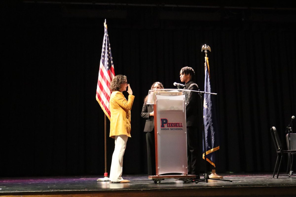 Dana Levenbeerg takes the oath of office in a ceremonial inauguration at Peekskill High School on Friday, Jan. 3