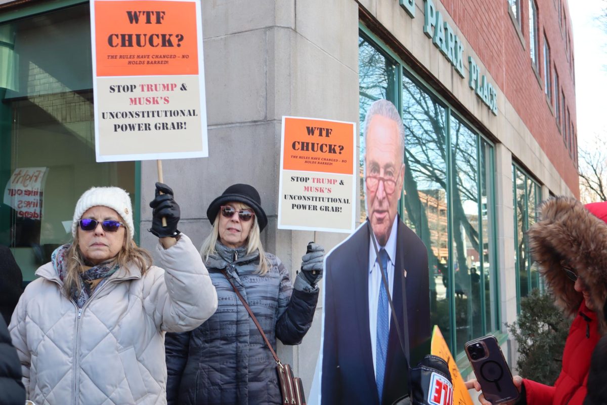 Protestors next to a cardboard cutout of Senator Chuck Schumer during rally at his Peekskill office on Tuesday, Feb. 4.
