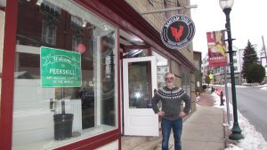 Bantam Tools Owner Bre Pettis in front of his new art machine showroom and gallery next to Peekskill Coffee House.