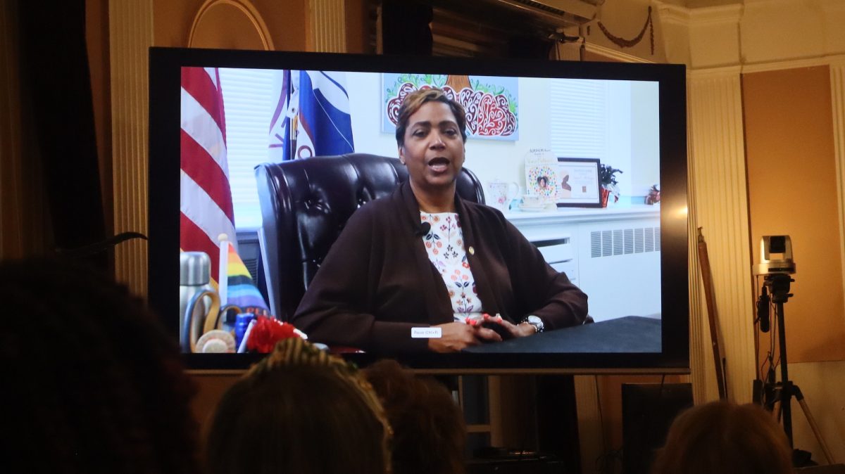 Attendees watch the recorded State of the City Address from Peekskill City Hall chambers on Monday, March 10. Photo credit: Eric Harvey.