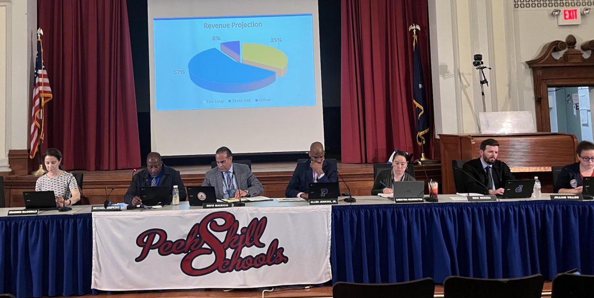 At May 6 Board of Education meeting, Superintendent of Schools Dr. David Mauricio (center, under screen) said, “It’s very important that we hear your voice.”
