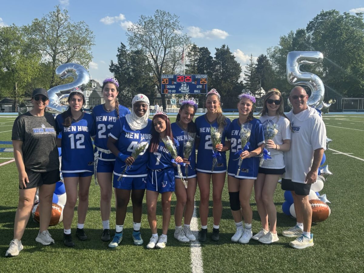2025 Hen Hud Flag Football seniors (from left) Kaitlyn Raguso, Carmen Marino, Imani Yusuf, Mariana Garcia Ramierez, Sofia Andrade, Oakley Gougelmann, Lucy Mager, Marin Quigley. 
