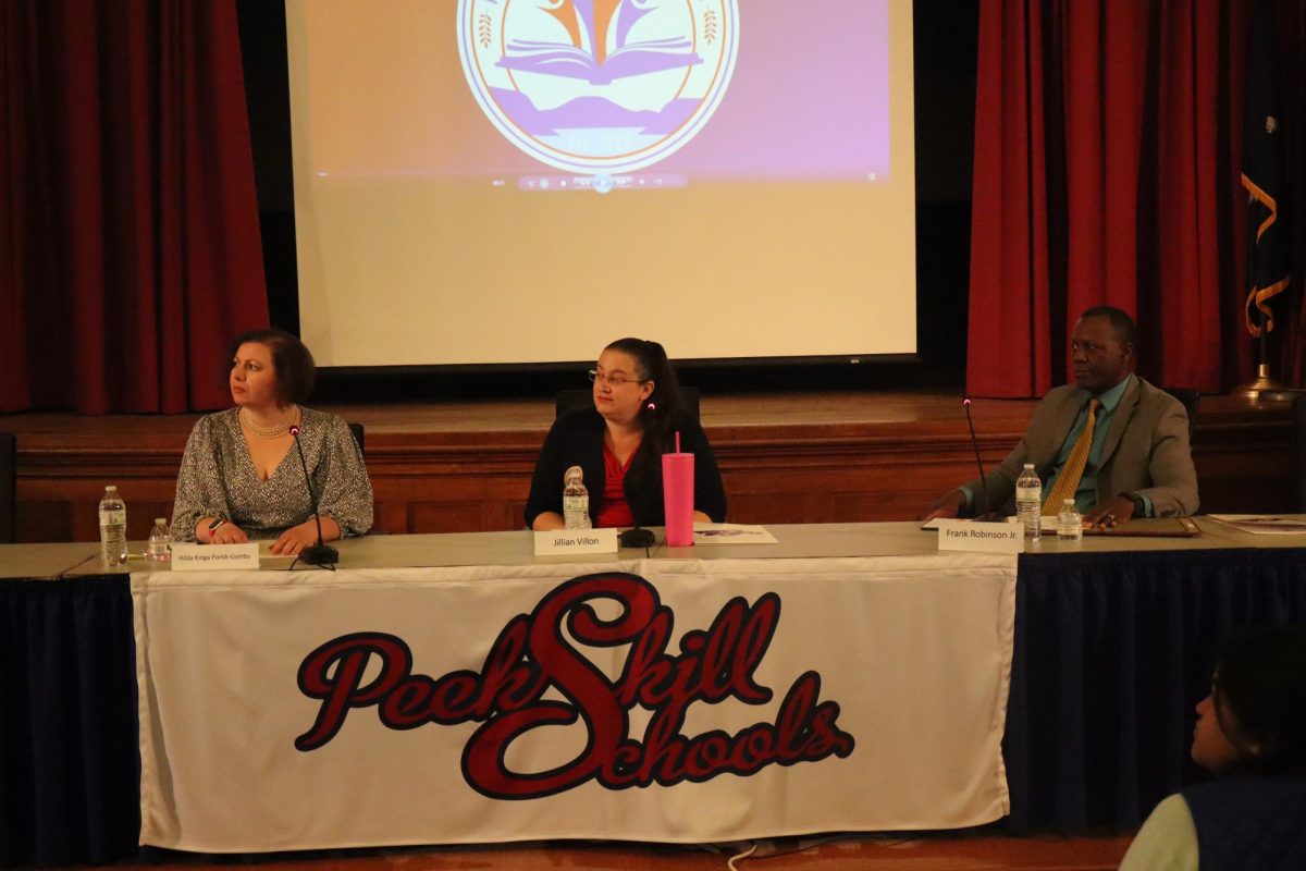 Candidates at May 13 Peekskill Board of Ed forum (from left) Hilda Kinga Portik-Gumbs, Jillian Villon, Frank Robinson, Jr.  Mary Angel Flores could not attend and left a recorded message (see separate image).