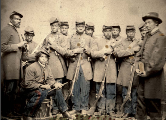 African American soldiers during the U.S. Civil War. Many had been enslaved before enlisting to fight for freedom.