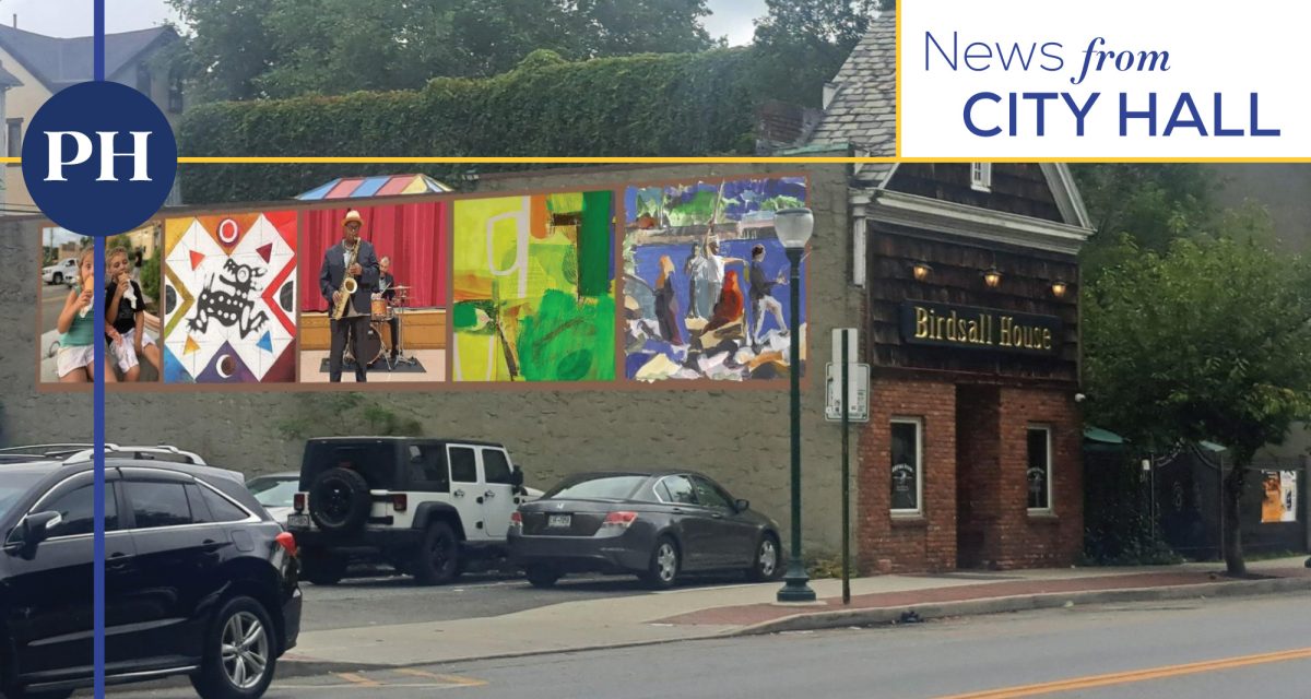 Rendering of “Making Connections” downtown murals recommended by the Peekskill Arts Council, featuring the late Ray Blue with saxophone. 