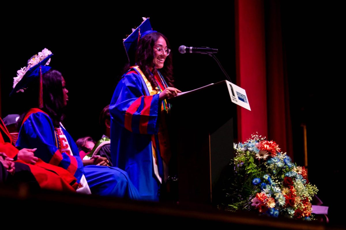 Peekskill High School Salutatorian Jemell Acosta giving a speech at graduation. (Peekskill City School District)