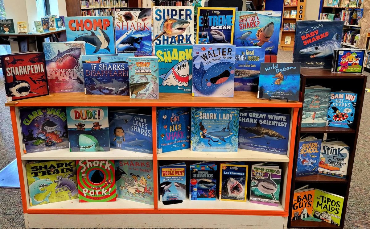 The library has a collection of shark book covers that form part of the educational experience for children. (The Field Library)