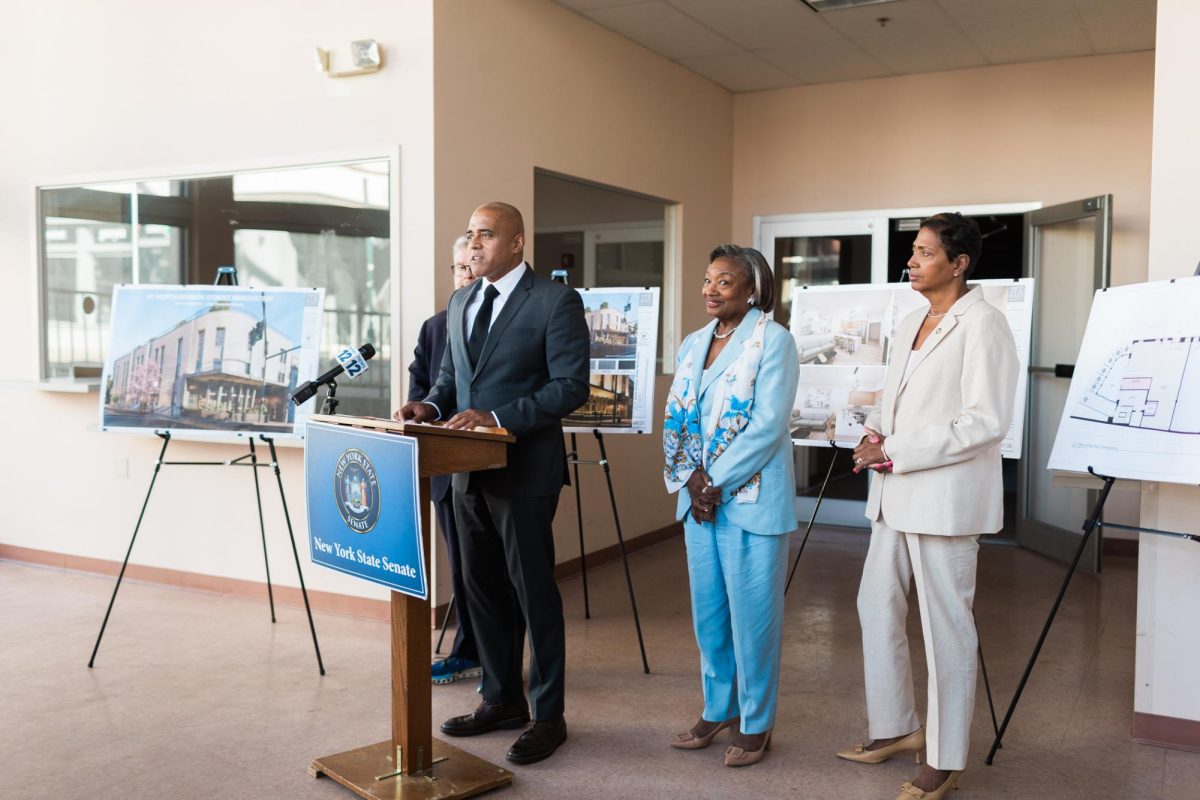 (From left) State Sen. Pete Harcham, Children’s Village President Dr. Jeremy Kohomban, State Senate Majority Leader Andrea Stewart-Cousins, and Peekskill Mayor Vivian McKenzie. (Angela Bruno)