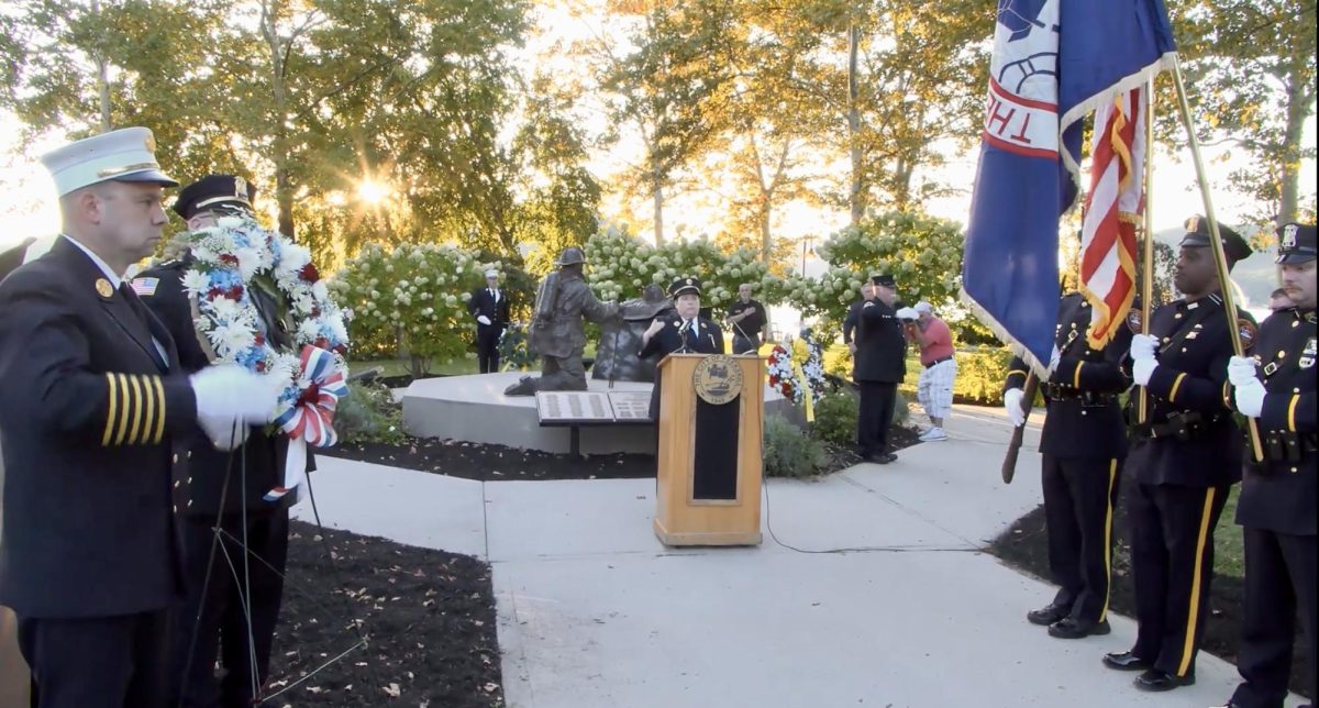 Attendees gather at Peekskill’s Riverfront Green for the annual September 11 memorial service. (City of Peekskill screenshot)