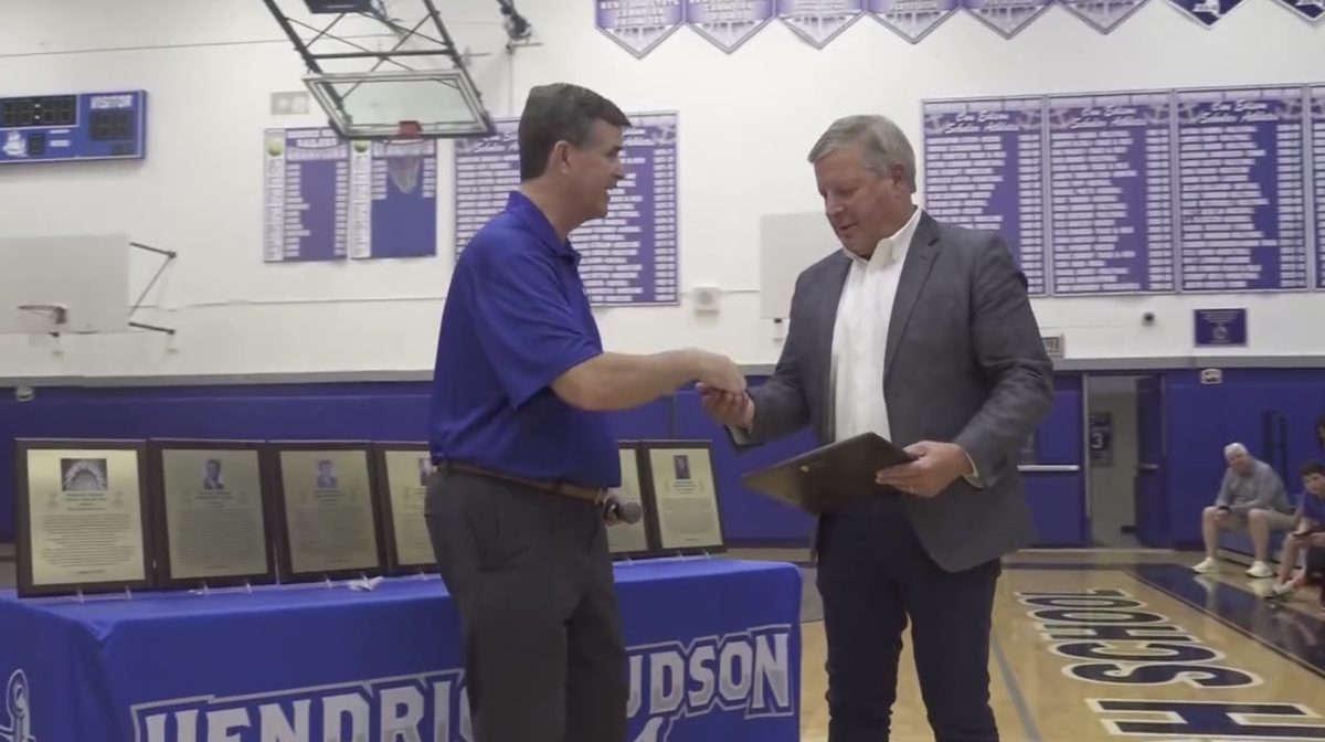 John Doehler (right) with Hen Hud AD Tom Baker at the 2025 Hall of Fame ceremony. (Hendrick Hudson School District)
