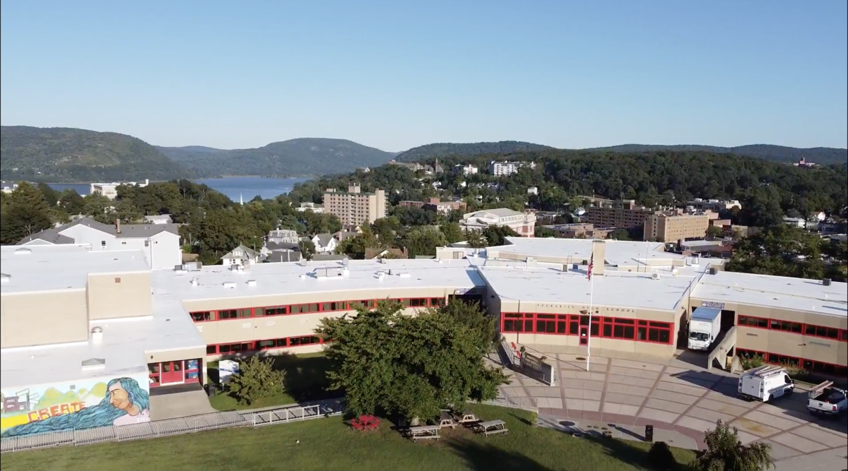 Drone view of Peekskill High School shown at Aug. 26 Board of Education meeting. (Peekskill City School District)