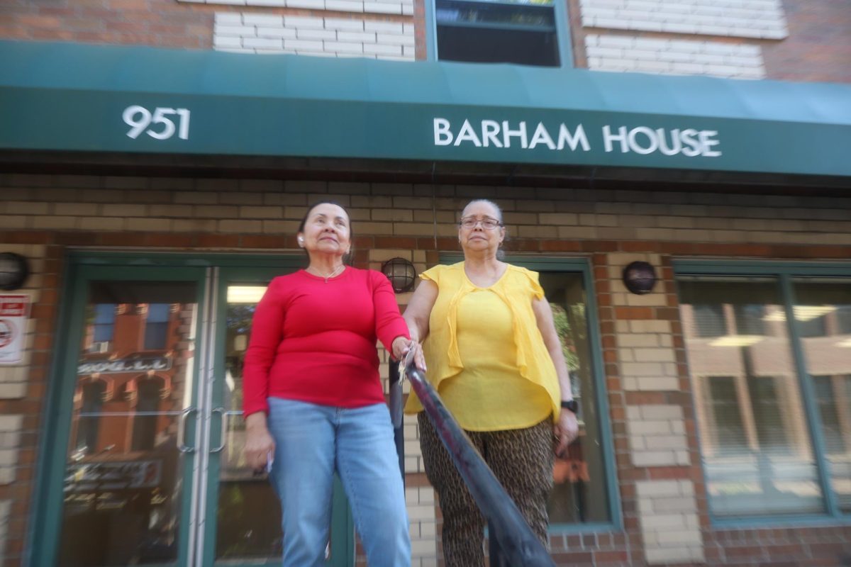 Maria Rodriguez and Marcelina Liriano Clariot, the two tenants who sent the Aug. 28 letter to management, stand outside of Barham House on Sept. 3. (Eric Harvey)