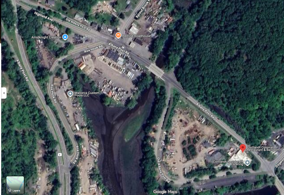 Aerial view of newly rezoned Annsville Waterfront Enforcement District (AWE). At lower right is triangular parcel owned by Cortlandt Colonial restaurant proprietor George Liaskos, one of three contractors with yards in the new waterfront district who are being sued by the Town of Cortlandt. (Google)