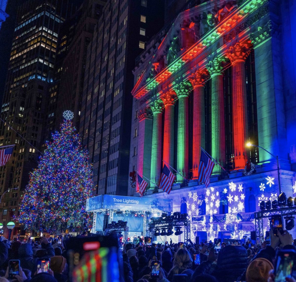 Official photo of 102nd annual lighting ceremony at New York Stock Exchange featuring Norwegian Spruce grown in Peekskill. (New York Stock Exchange) 
