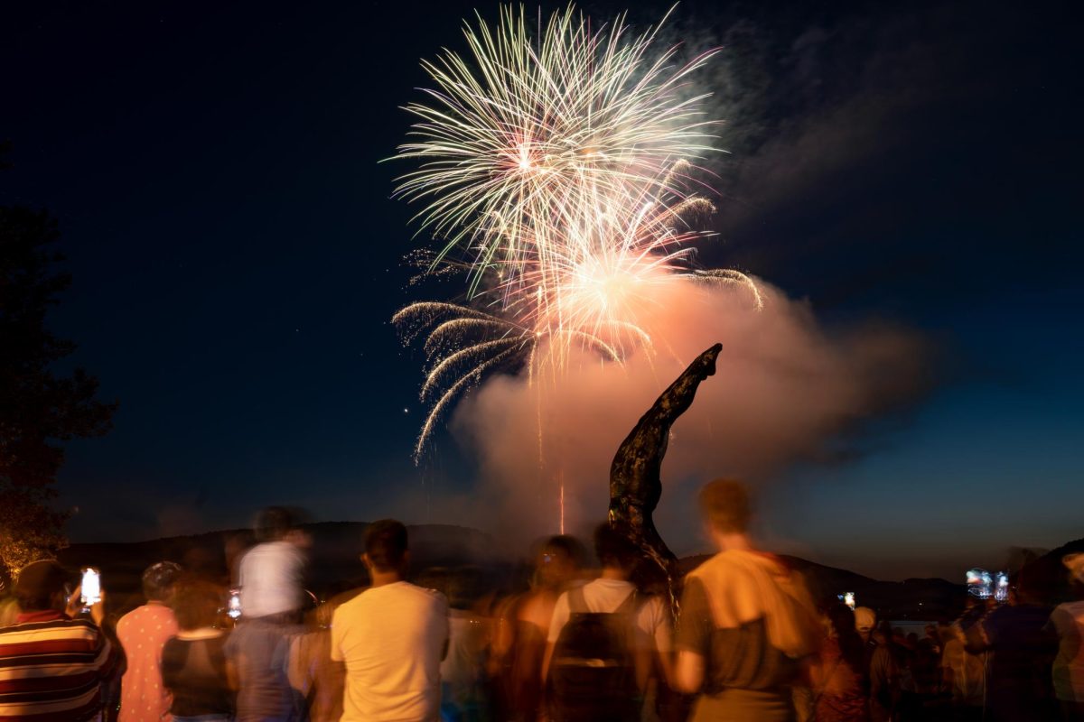 Peekskill’s iconic diver sculpture was framed by spectacular fireworks in 2023. (Mike Matteo)
