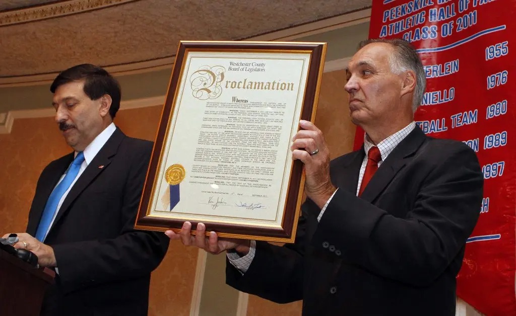Lou Panzanaro (right) at the 2011 Peekskill Athletic Hall of Fame induction ceremony, with then-county legislator John Testa. (Peekskill Patch)