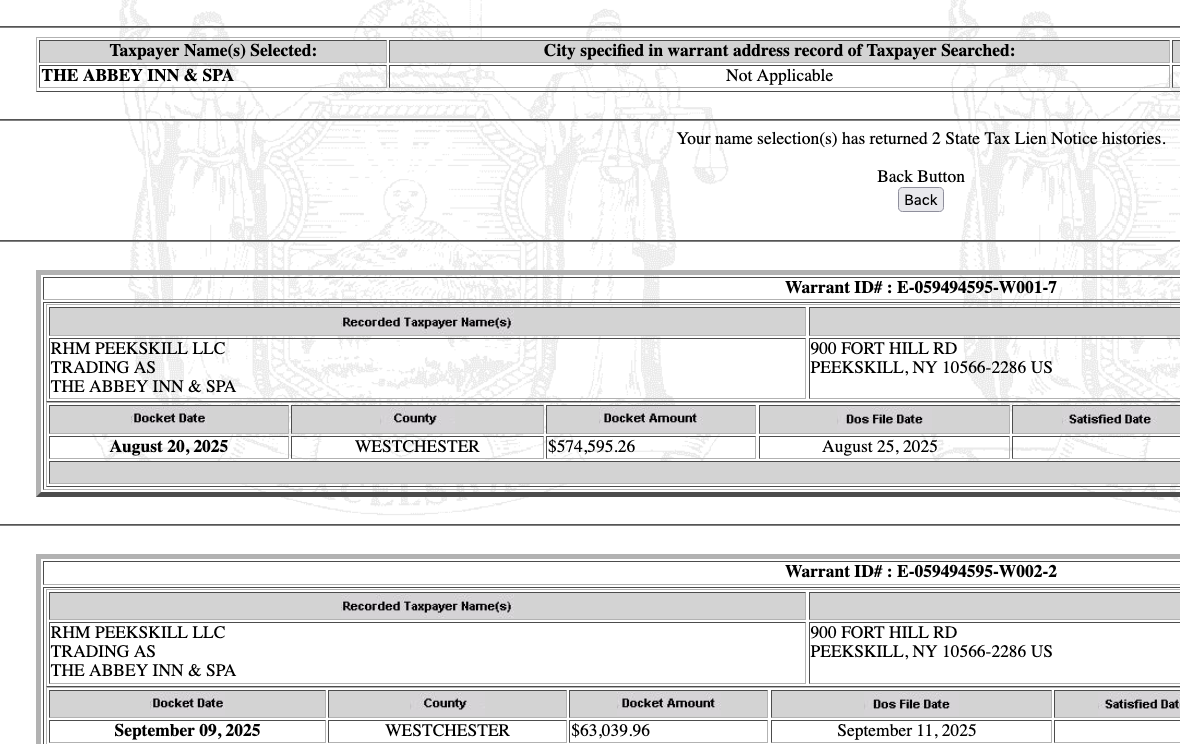 State tax warrant for more than one-half million dollars lists Abbey Inn & Spa and RHM Peekskill, which briefly managed the property for Ginsburg Development Companies. (New York State Department of Taxation and Finance)