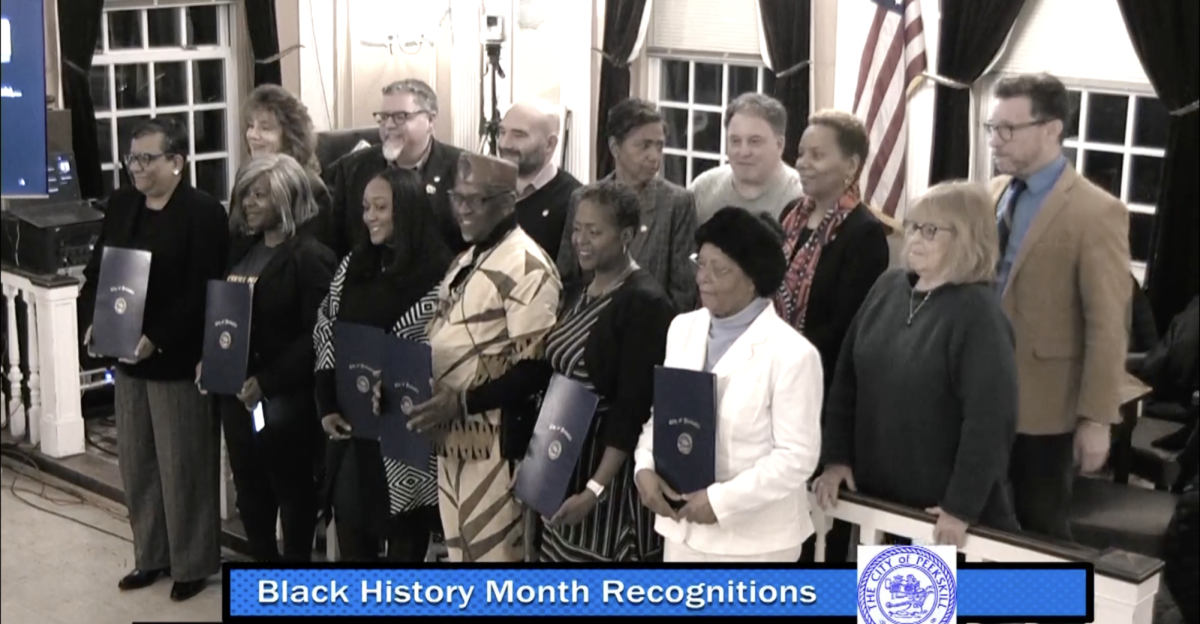 Holding up proclamations are (from left) Staci Woodley, Priscilla Augustin, Asia Murrell, Baba Kazi Oliver, Renee Kearse, Avis Dunkley. (City of Peekskill council meeting screenshot)