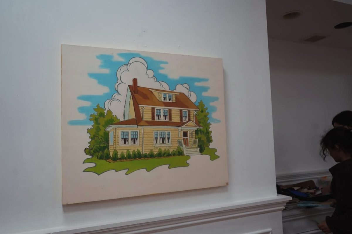 One of Emily Bicht’s “Dream Home” paintings showing small colorful houses floating above diffused landscapes. (NECS)