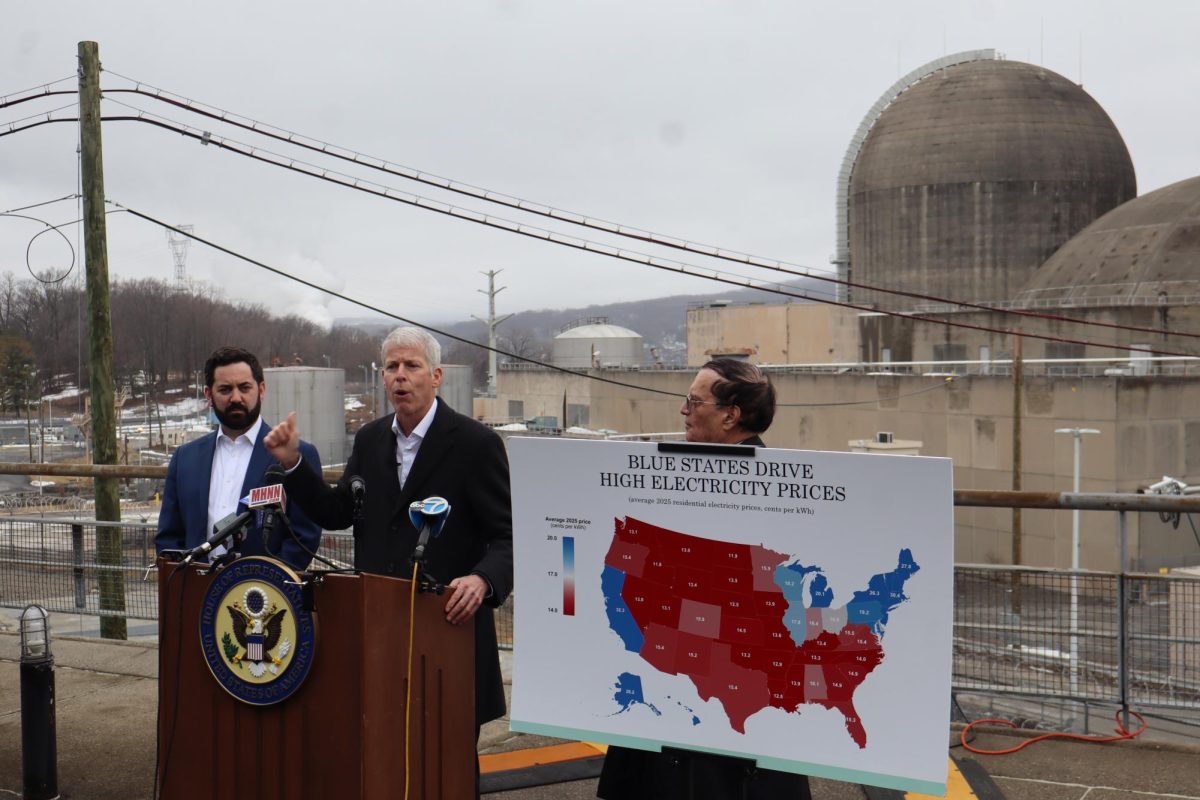 U.S. Rep. Mike Lawler (left), U.S. Energy Secretary Chris Wright (center), and Holtec International chief executive officer Kris Singh at a press conference at Indian Point on Friday, March 6. 
