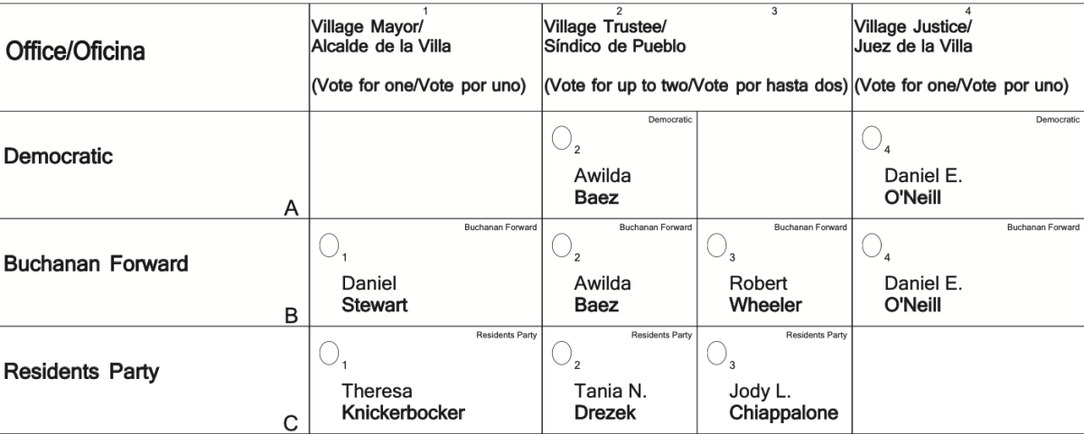 A sample ballot shows the candidates up for election in Buchanan. (Westchester County Board of Elections)