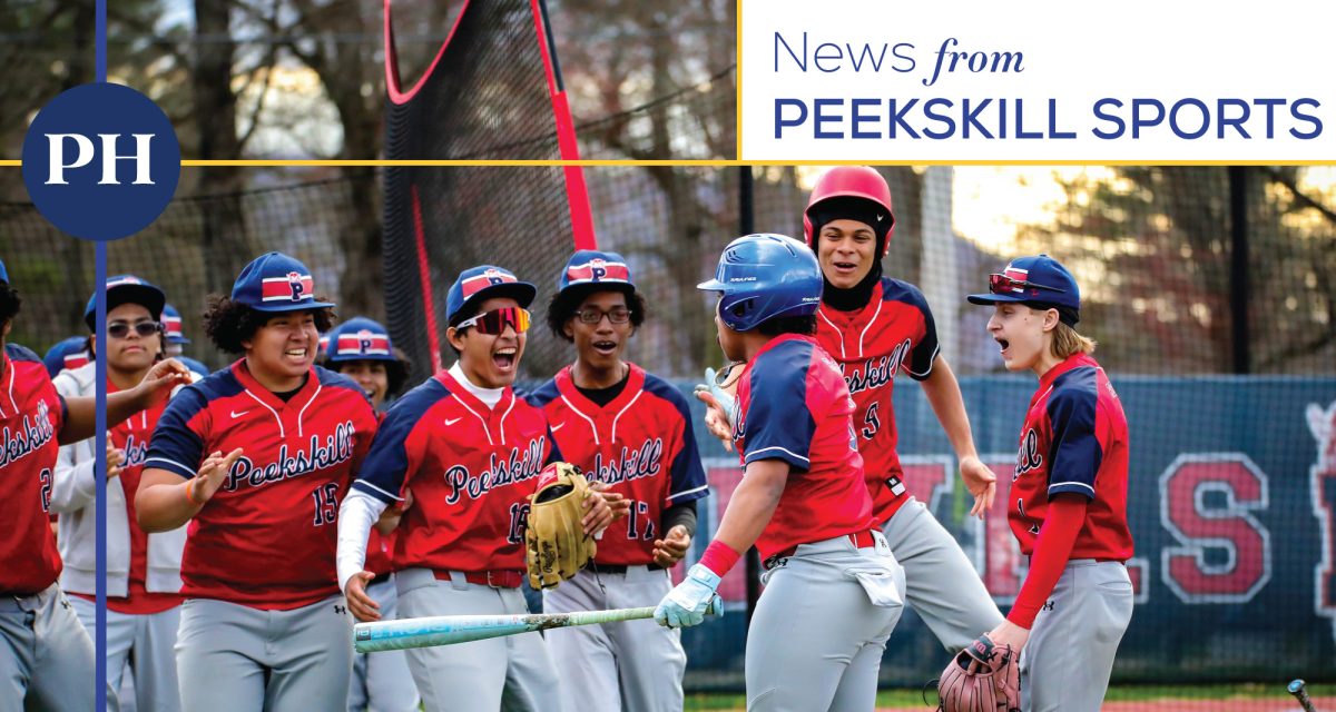 Peekskill baseball team celebrates a score against Saunders on April 6. (Peekskill City School District)