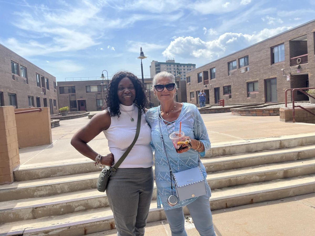 Peekskill Plaza Apartment tenants Michele Delain (left) and Elizabeth Jones are all smiles on Thursday, April 16, after previously going to city hall to report quality of life issues in 2024.