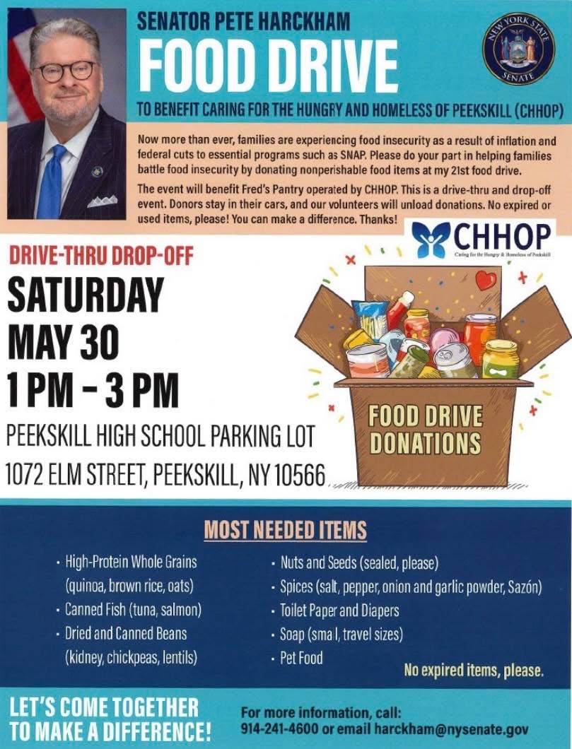 Community food drive is scheduled for Friday, May 30, at Peekskill High School under a “Drive-Thru, Drop Off” format. (CHHOP)