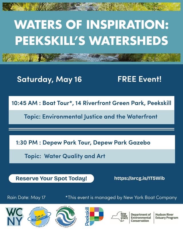 Official flier for Waters of Inspiration outlining the May 16 schedule, including the boat tour at Riverfront Green Park and the watercolor workshop at Depew Park. (Westchester County Department of Planning)