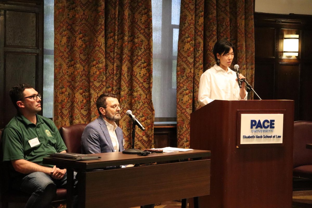Panelists at the Elizabeth Haub School of Law at Pace University (from left) Sustainable Materials Management’s Anthony Carbone, Westchester County Department of Environmental Facilities first deputy commissioner Louis Vetrone, Hudson Valley Regional Council’s Liz Sun.