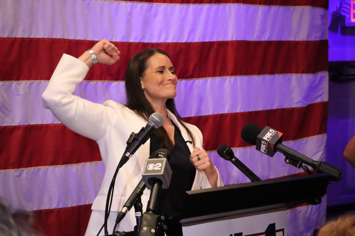Cait Conley celebrates her win at Traveler’s Rest in Ossining on Monday night, June 23, after winning the Democratic primary for NY-17. 