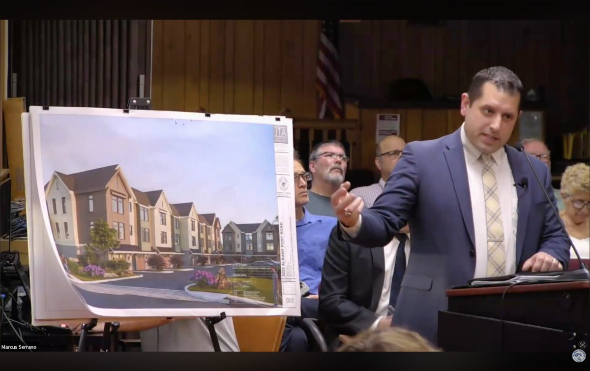 Architect Joseph Thompson shows renderings of the proposed townhomes to Buchanan Board of Trustees at May 26 workshop meeting. (Screenshot of May 26 Buchanan workshop meeting)