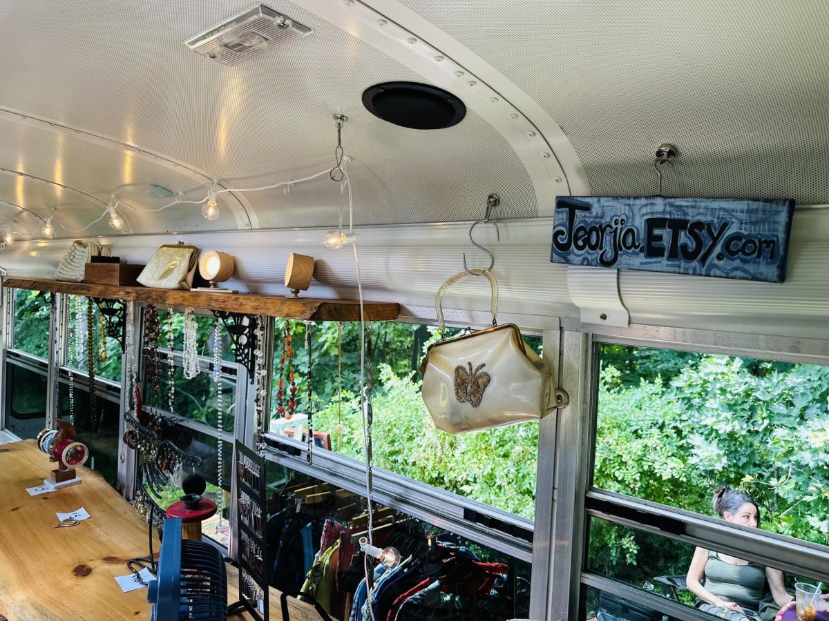 Inside the traveling shop. 